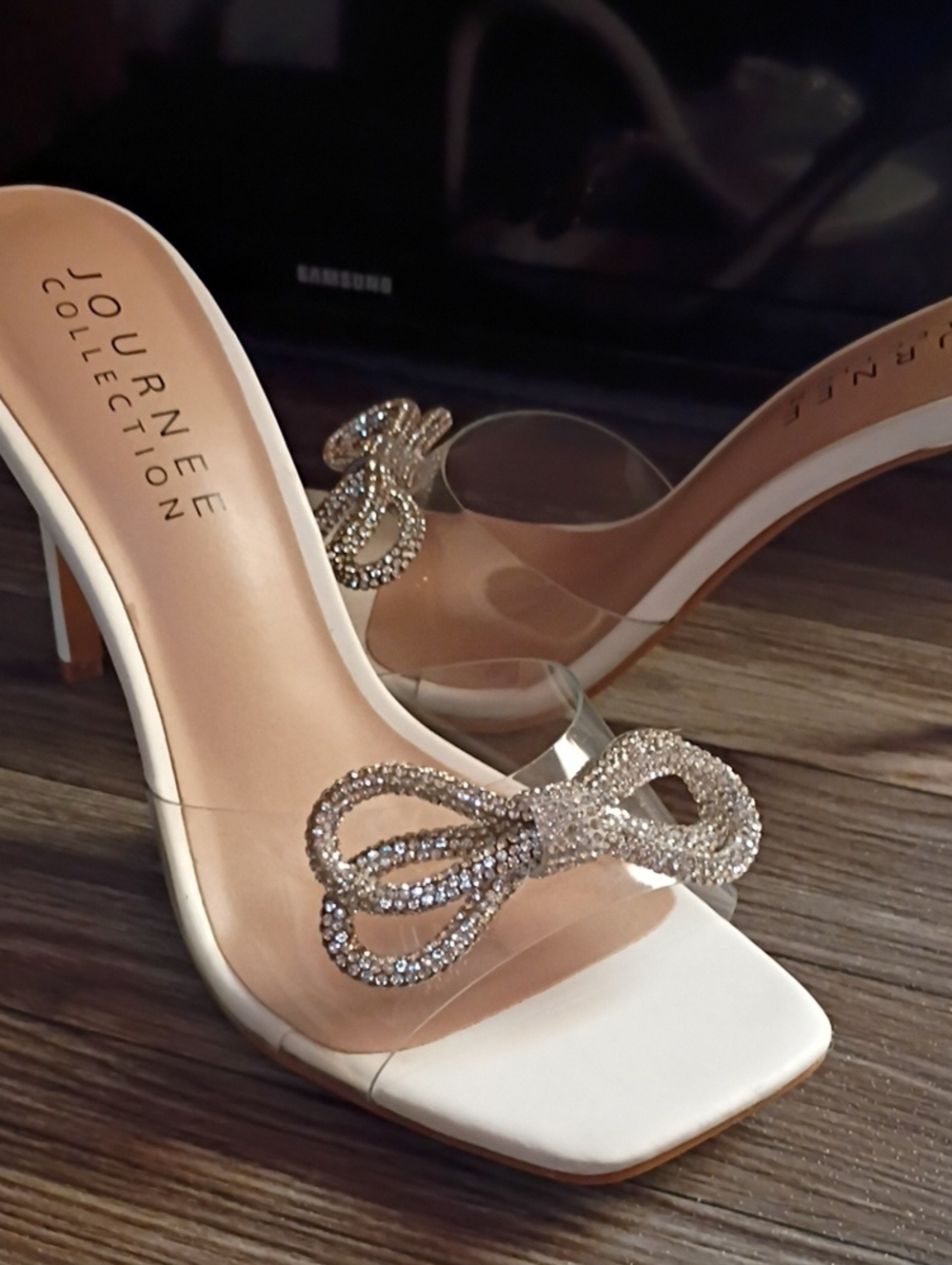 Journee Collection White Clear Rhinestone Bow Heels- New